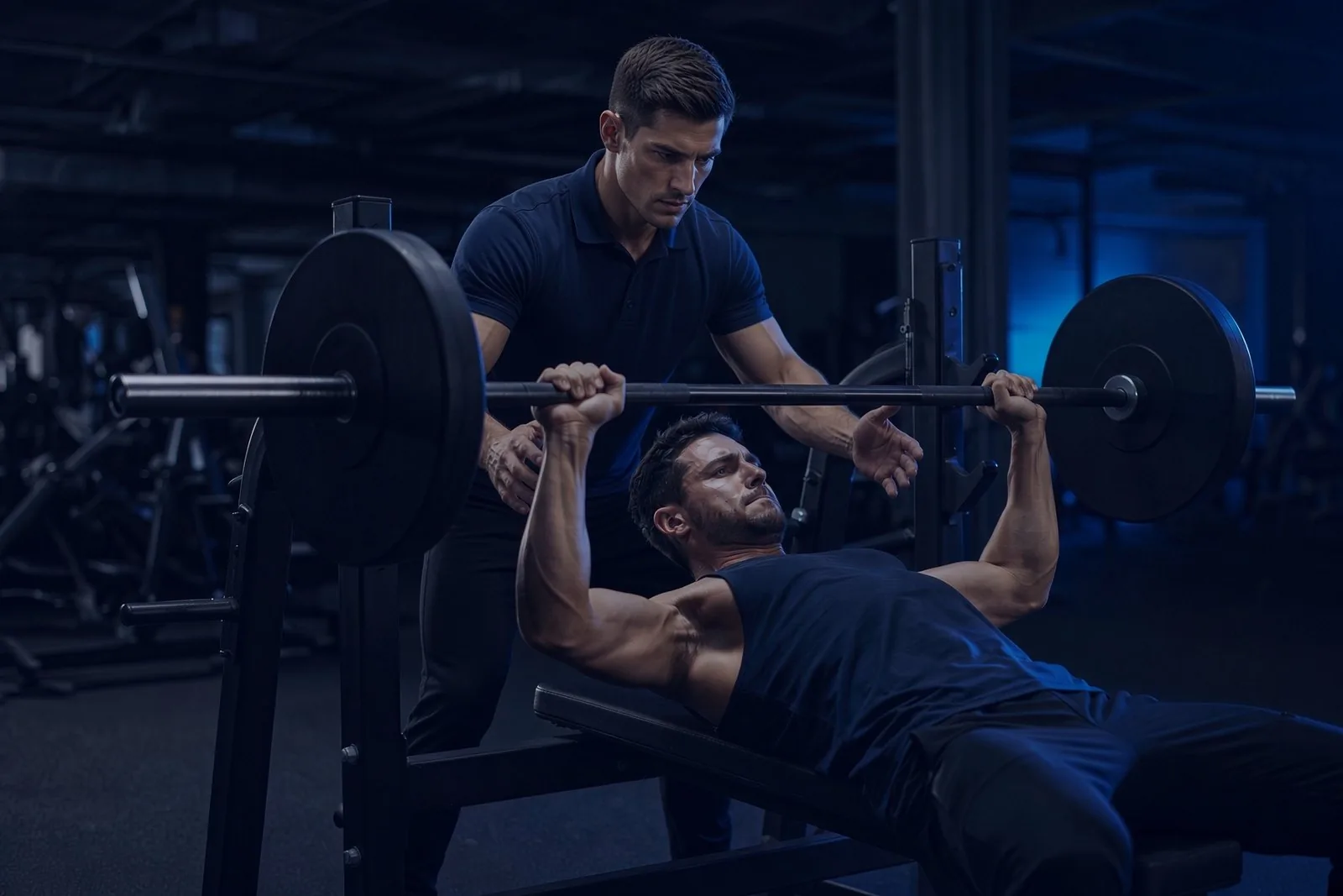 Physical therapist spotting an athlete during a bench press