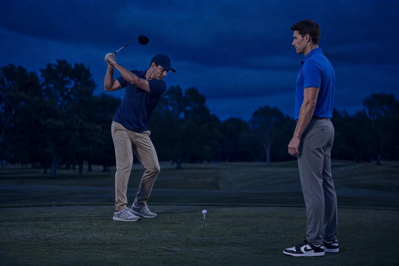 Physical therapist in a royal blue polo watching a golfer tee off